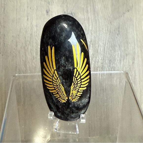 Other - Silver Sheen Black Obsidian Palm Stone W/ Gold Etched Angel Wings Crystal